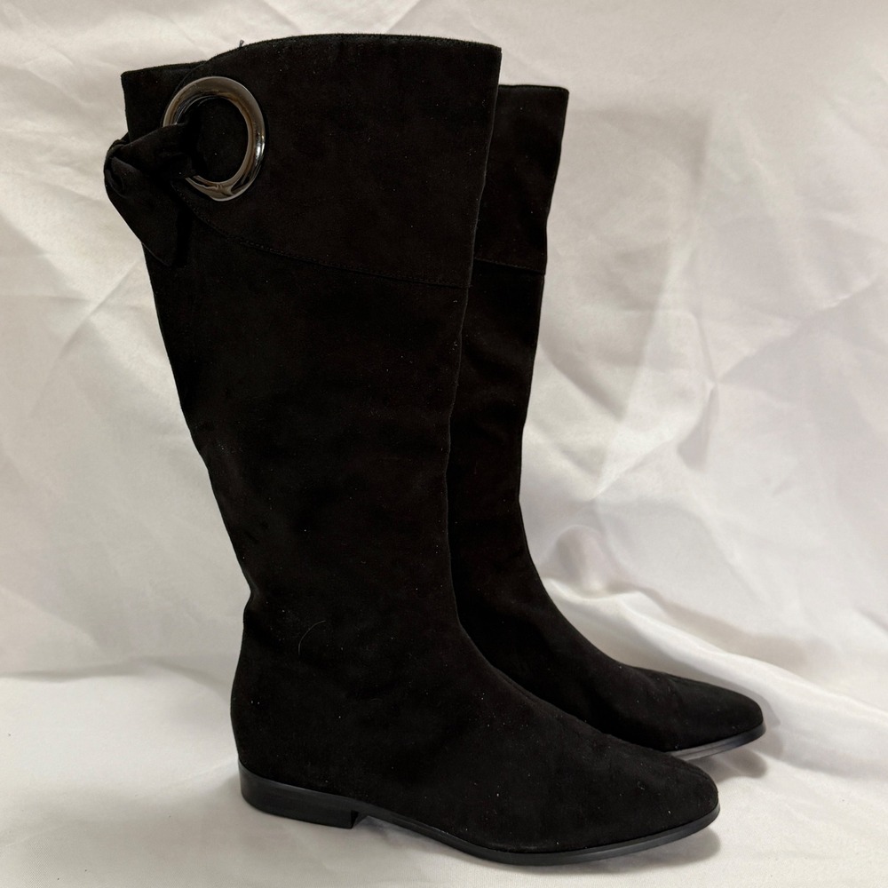 Impo Addison Knee High Boots Faux Suede Black Size 7M Bow Minimalist Classic